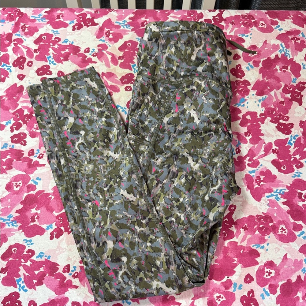 Fabletics Camo Leggings with Green and Pink Accents